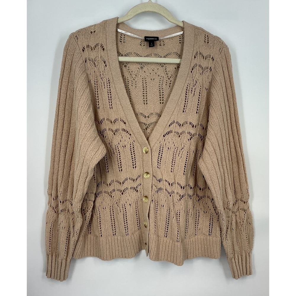 Torrid Size 2 Tan Pointelle Knit Cardigan Sweater Button Cottagecore Grannycore - Picture 1 of 11